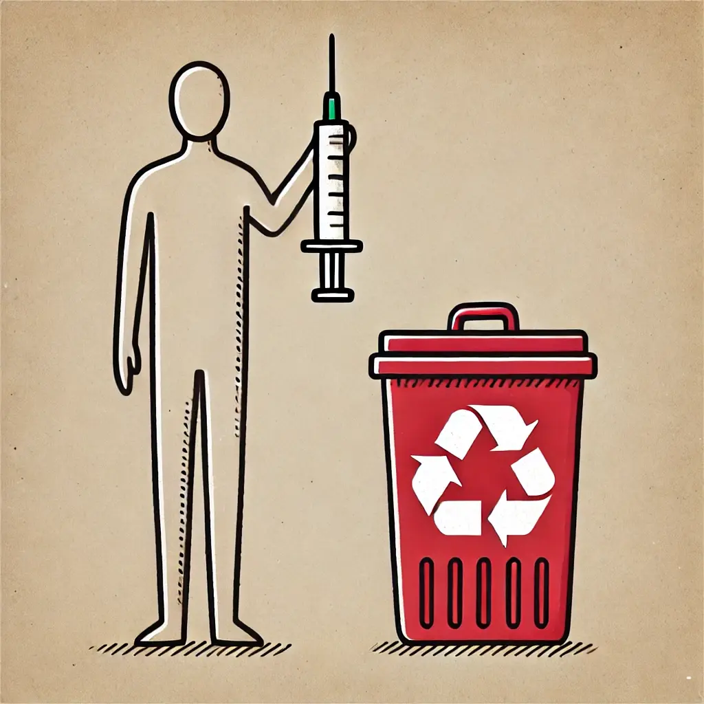 Person with injection and disposal bin 